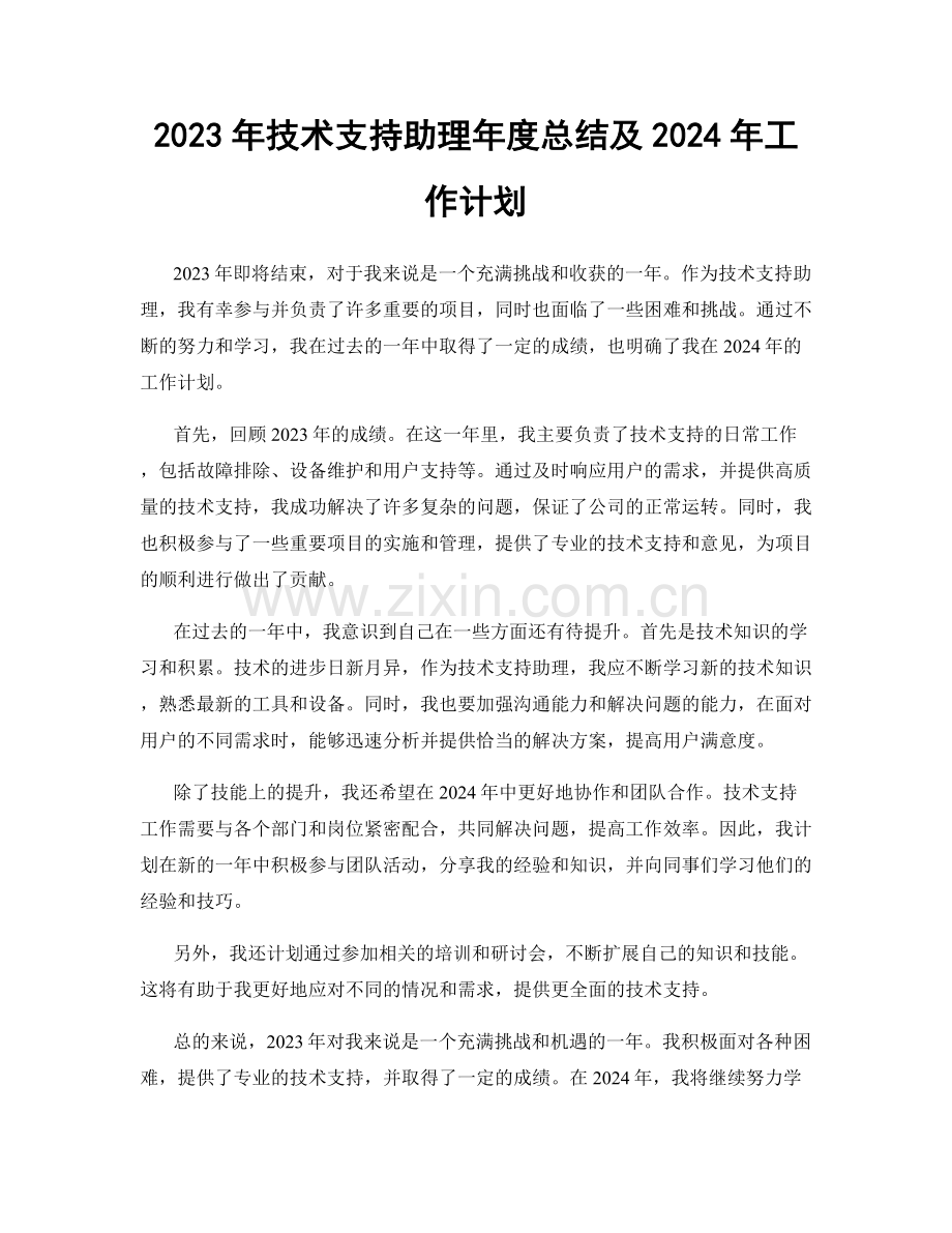 2023年技术支持助理年度总结及2024年工作计划.docx_第1页