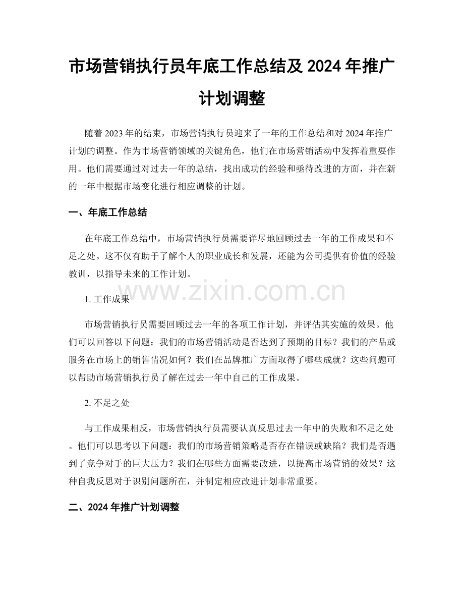 市场营销执行员年底工作总结及2024年推广计划调整.docx_第1页