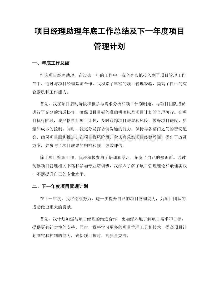 项目经理助理年底工作总结及下一年度项目管理计划.docx_第1页