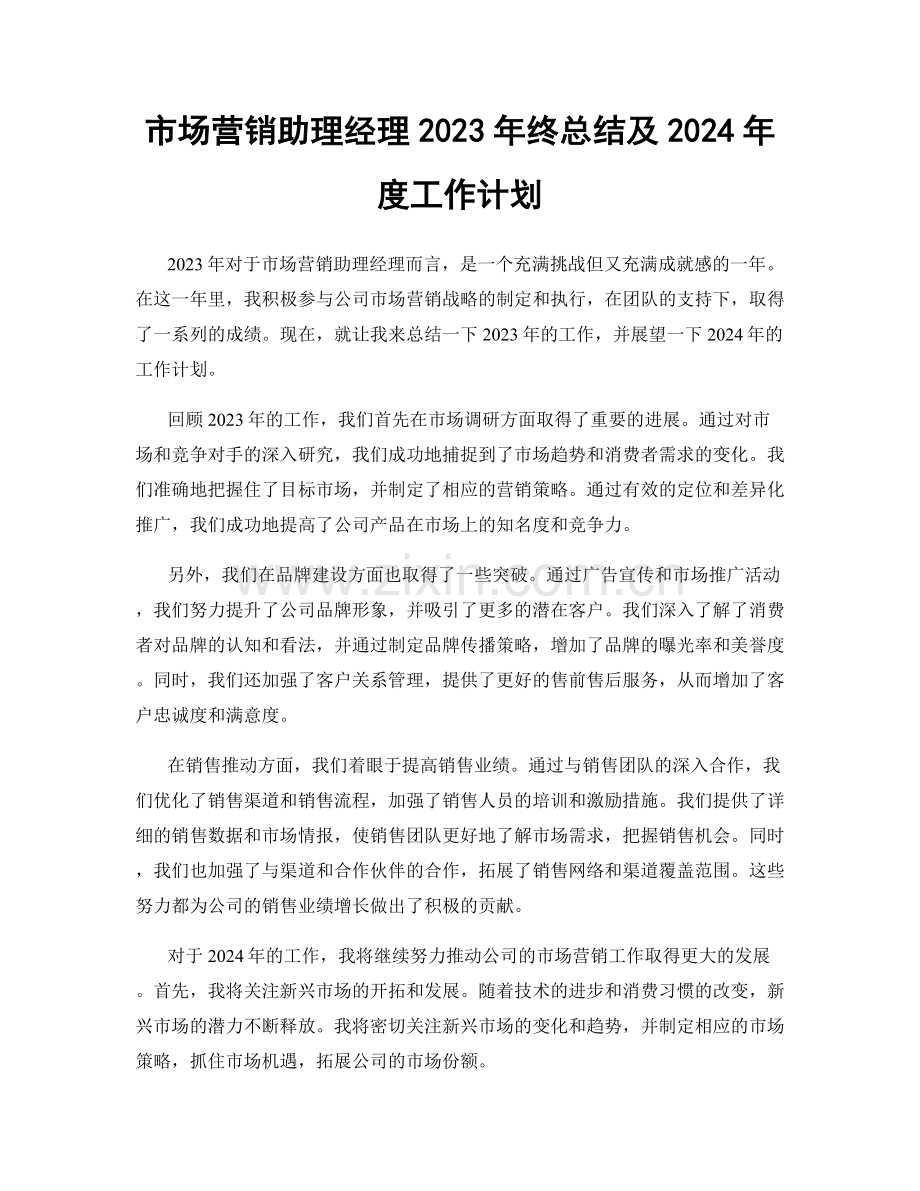 市场营销助理经理2023年终总结及2024年度工作计划.docx_第1页