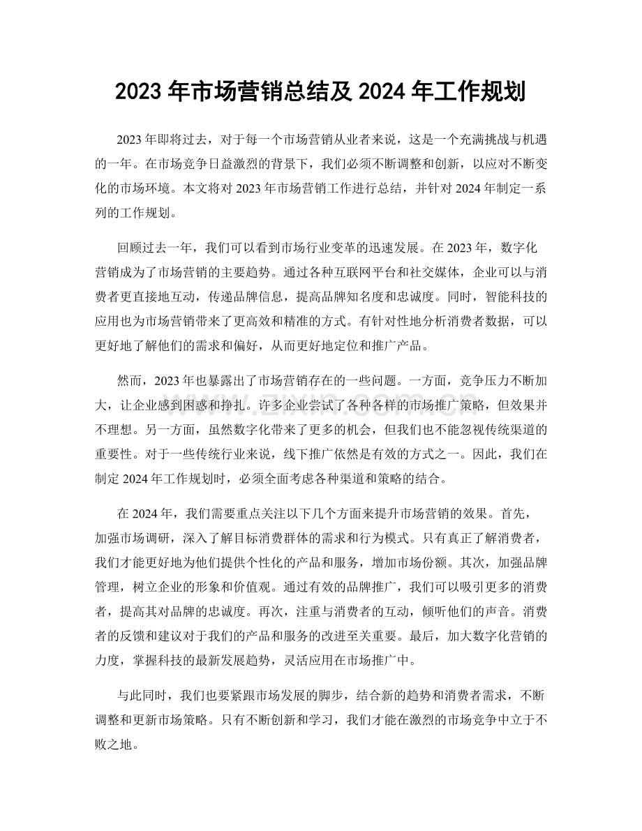 2023年市场营销总结及2024年工作规划.docx_第1页