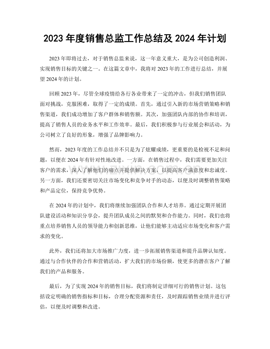 2023年度销售总监工作总结及2024年计划.docx_第1页
