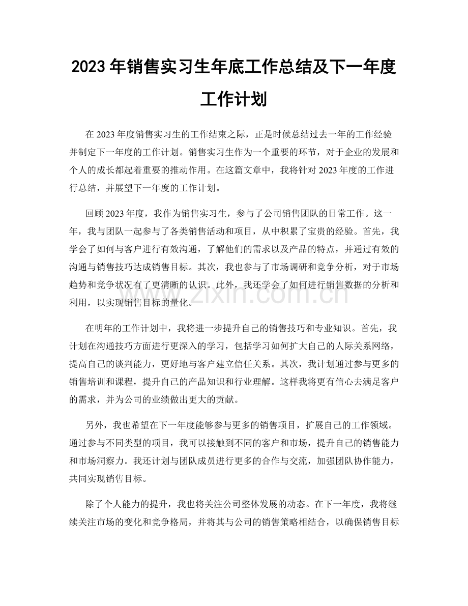 2023年销售实习生年底工作总结及下一年度工作计划.docx_第1页