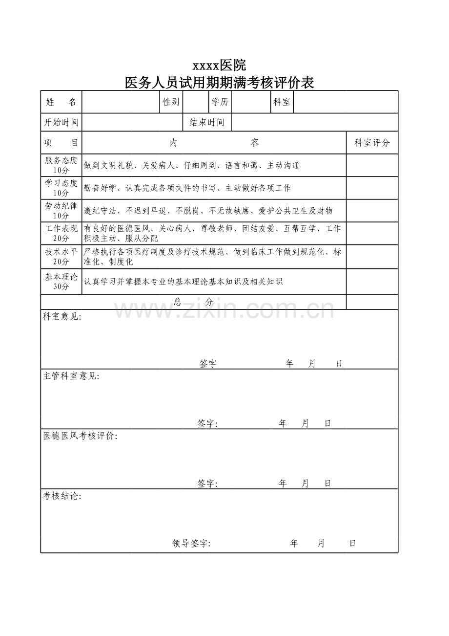 医院医务人员试用期满考核表.xls_第1页