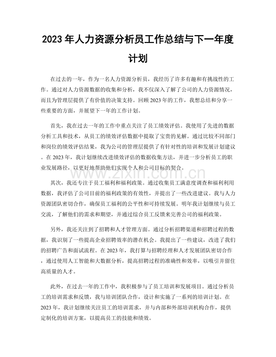 2023年人力资源分析员工作总结与下一年度计划.docx_第1页