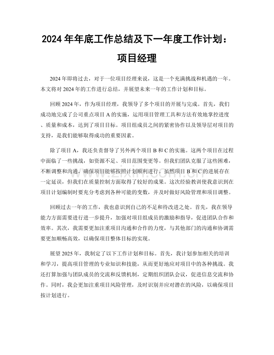 2024年年底工作总结及下一年度工作计划：项目经理.docx_第1页