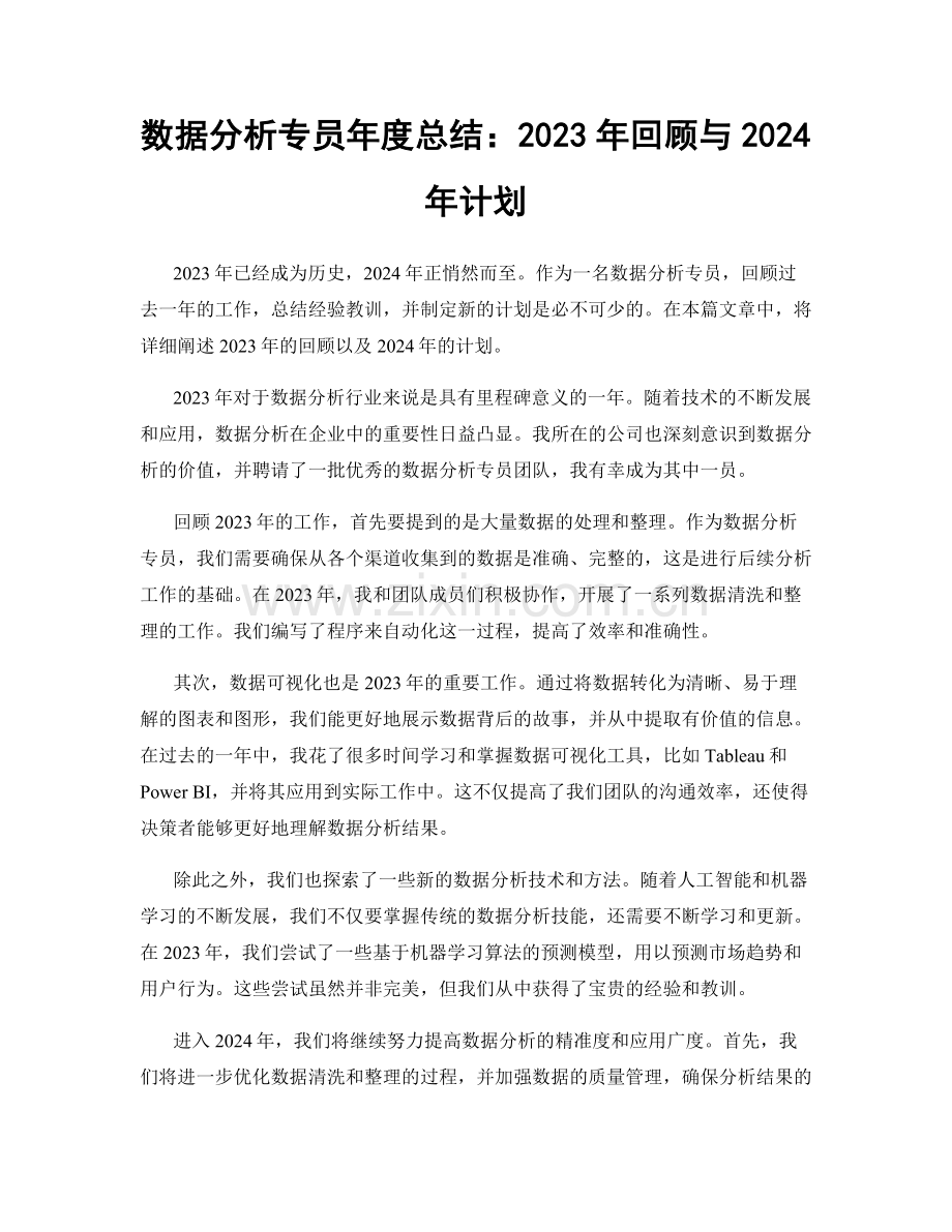 数据分析专员年度总结：2023年回顾与2024年计划.docx_第1页