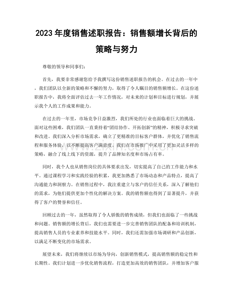 2023年度销售述职报告：销售额增长背后的策略与努力.docx_第1页
