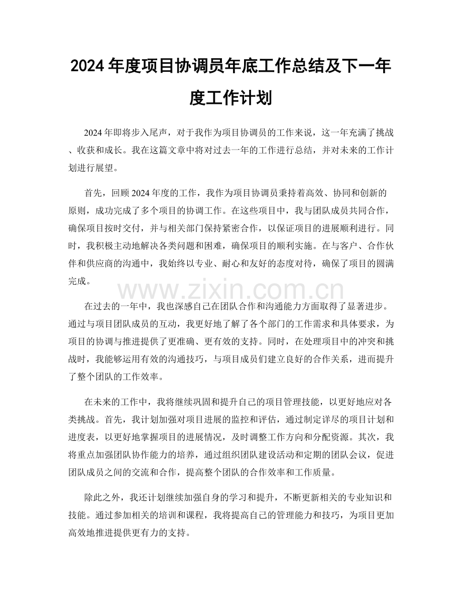 2024年度项目协调员年底工作总结及下一年度工作计划.docx_第1页