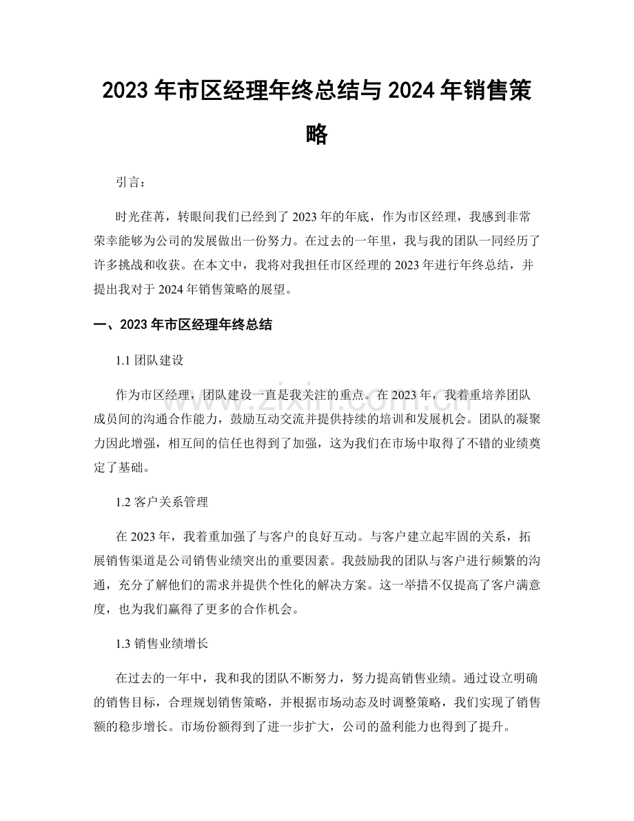 2023年市区经理年终总结与2024年销售策略.docx_第1页
