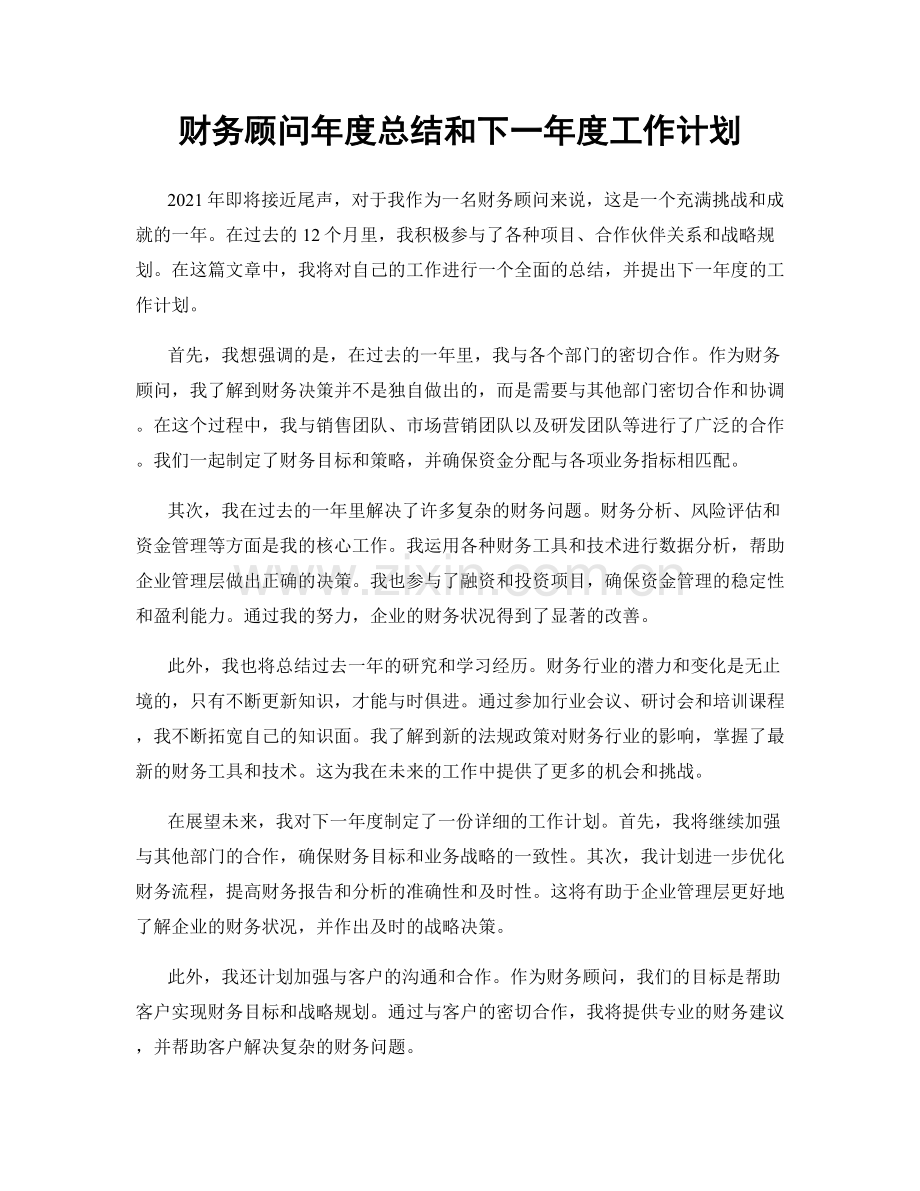 财务顾问年度总结和下一年度工作计划.docx_第1页