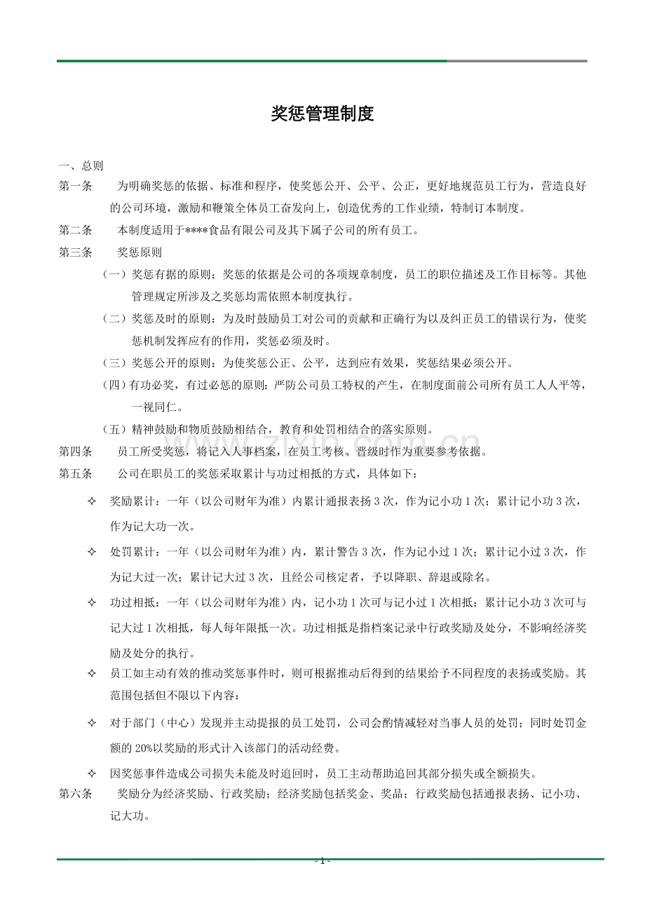 2011年某食品公司奖惩管理制度.doc_第1页