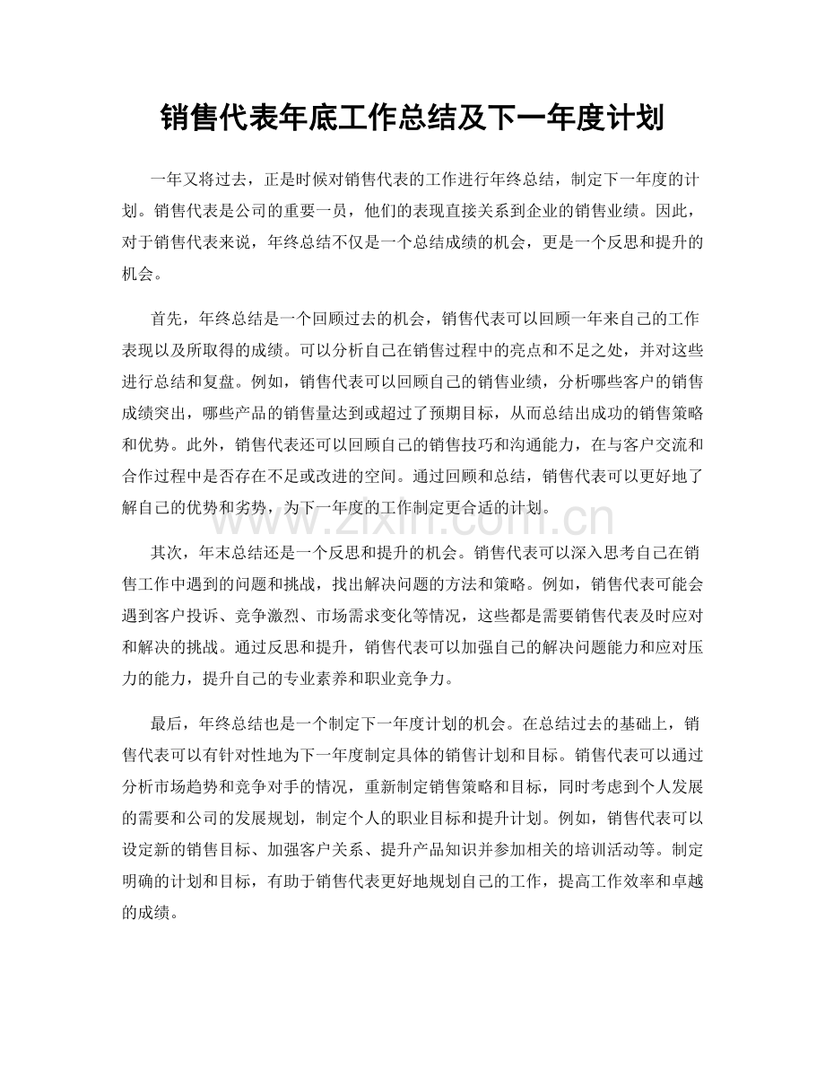 销售代表年底工作总结及下一年度计划.docx_第1页