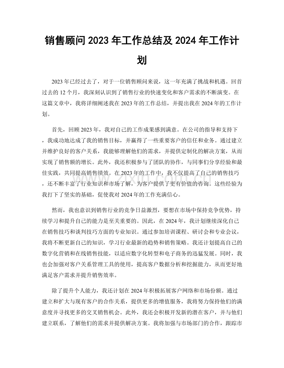 销售顾问2023年工作总结及2024年工作计划.docx_第1页