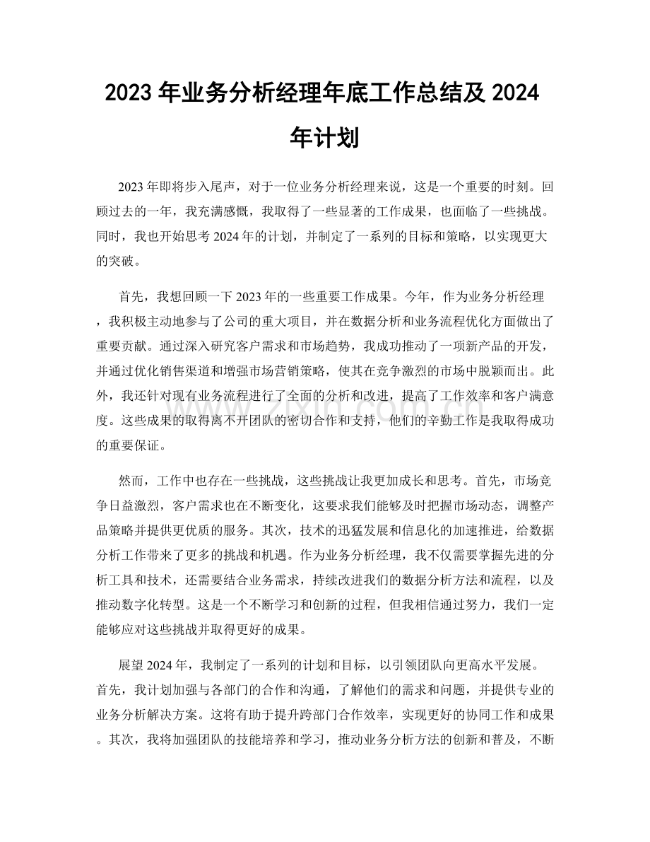 2023年业务分析经理年底工作总结及2024年计划.docx_第1页