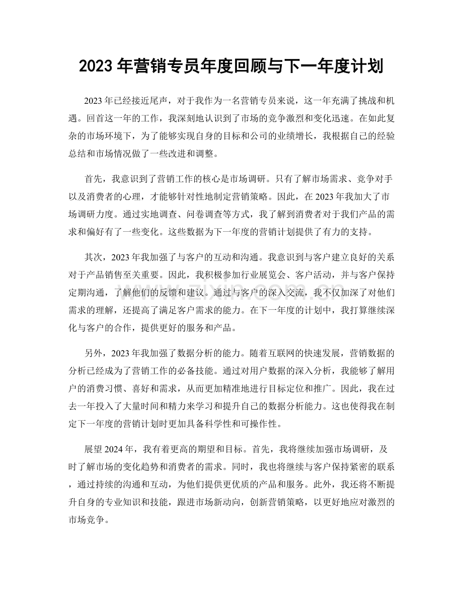 2023年营销专员年度回顾与下一年度计划.docx_第1页