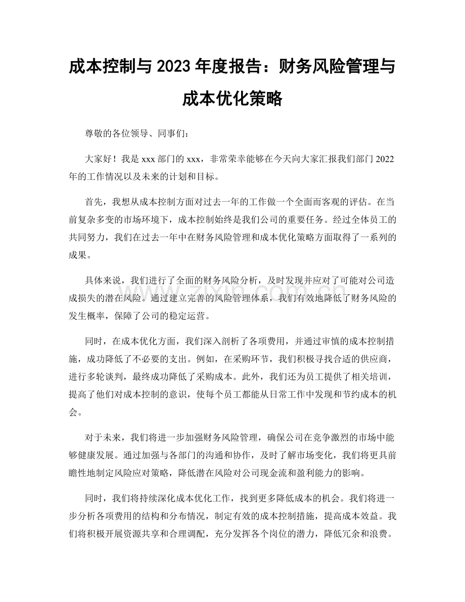 成本控制与2023年度报告：财务风险管理与成本优化策略.docx_第1页
