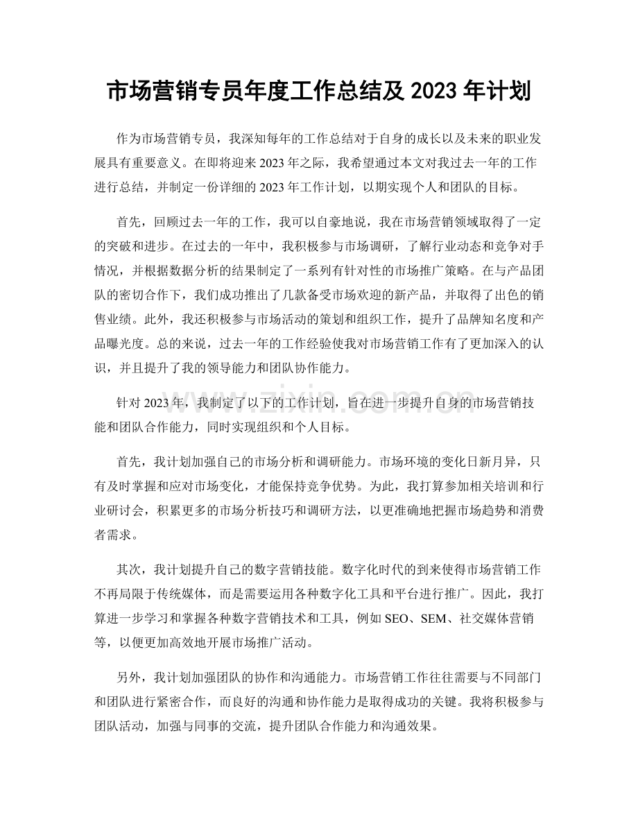 市场营销专员年度工作总结及2023年计划.docx_第1页