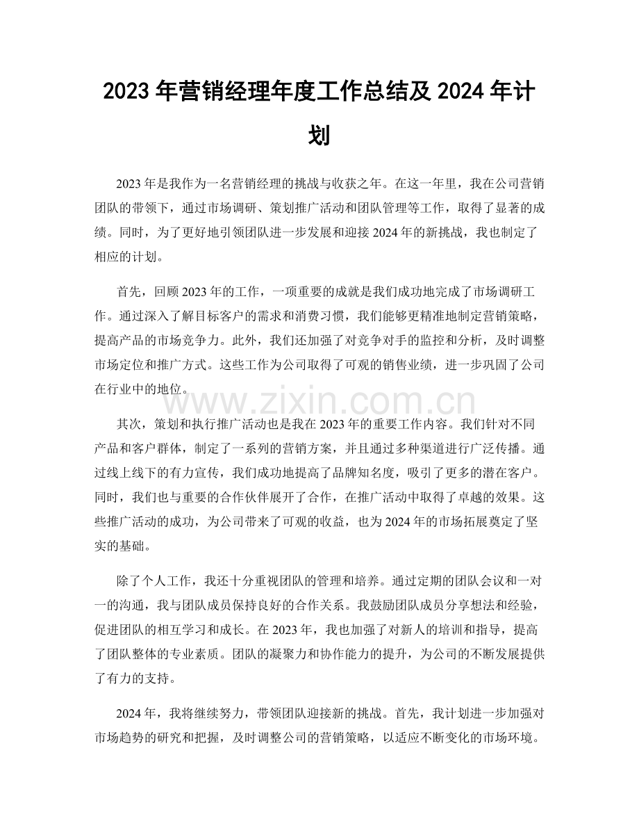 2023年营销经理年度工作总结及2024年计划.docx_第1页