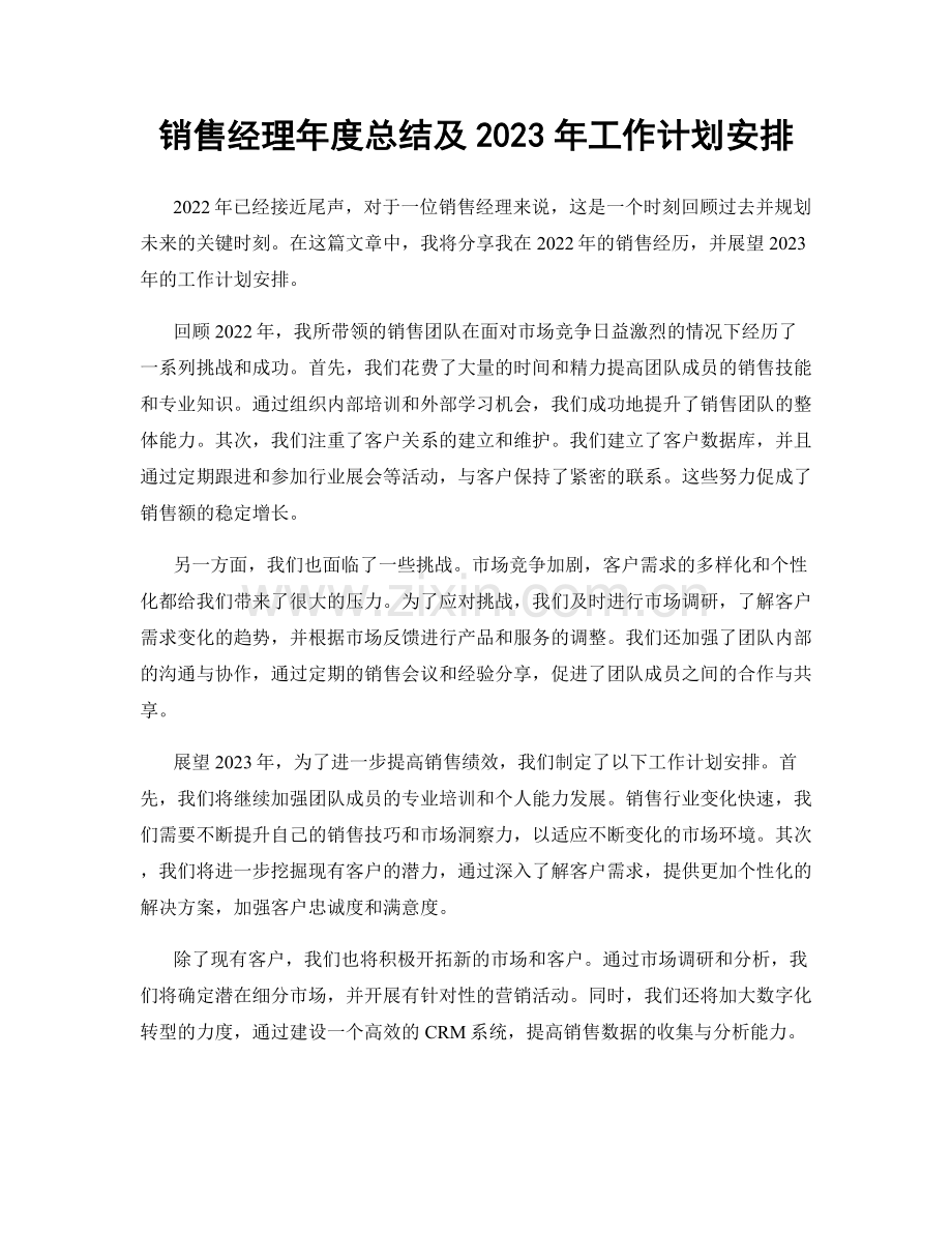 销售经理年度总结及2023年工作计划安排.docx_第1页