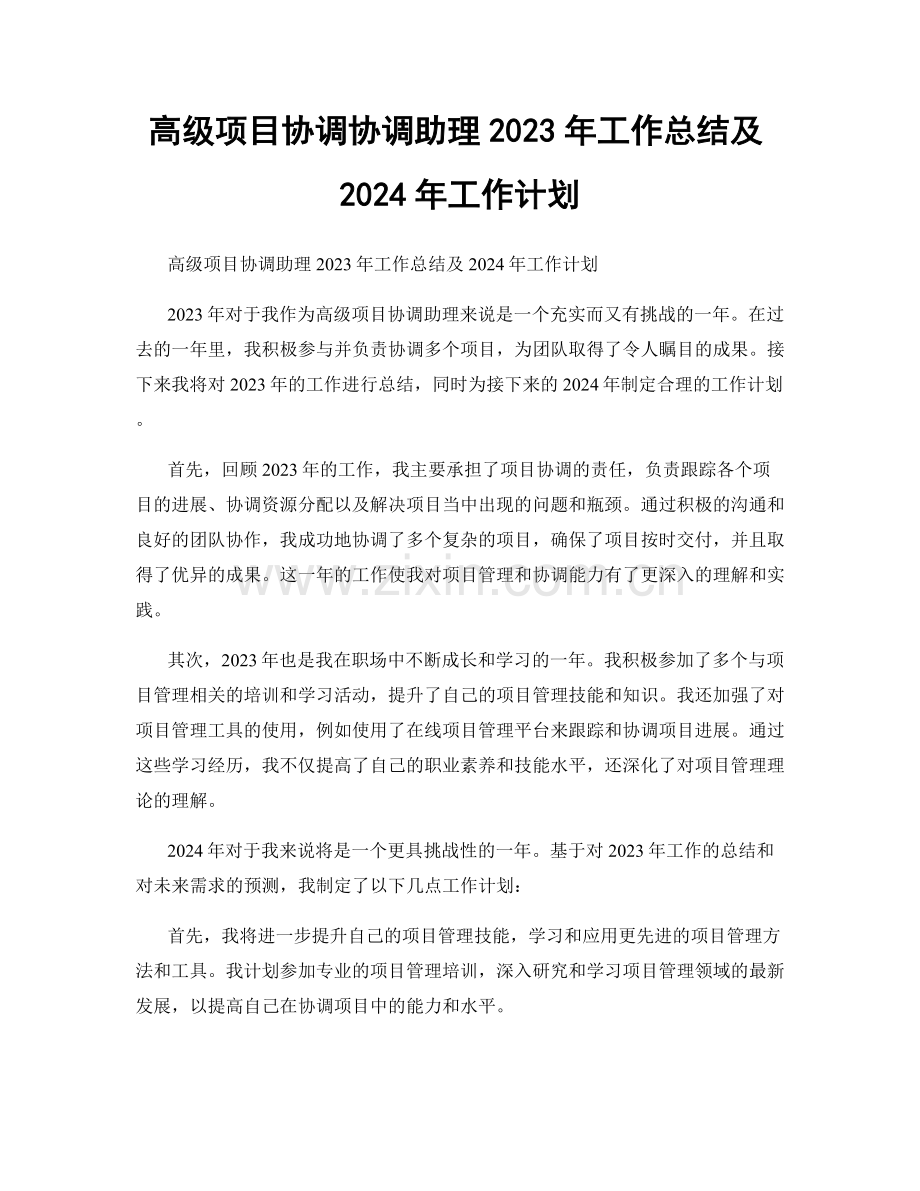 高级项目协调协调助理2023年工作总结及2024年工作计划.docx_第1页