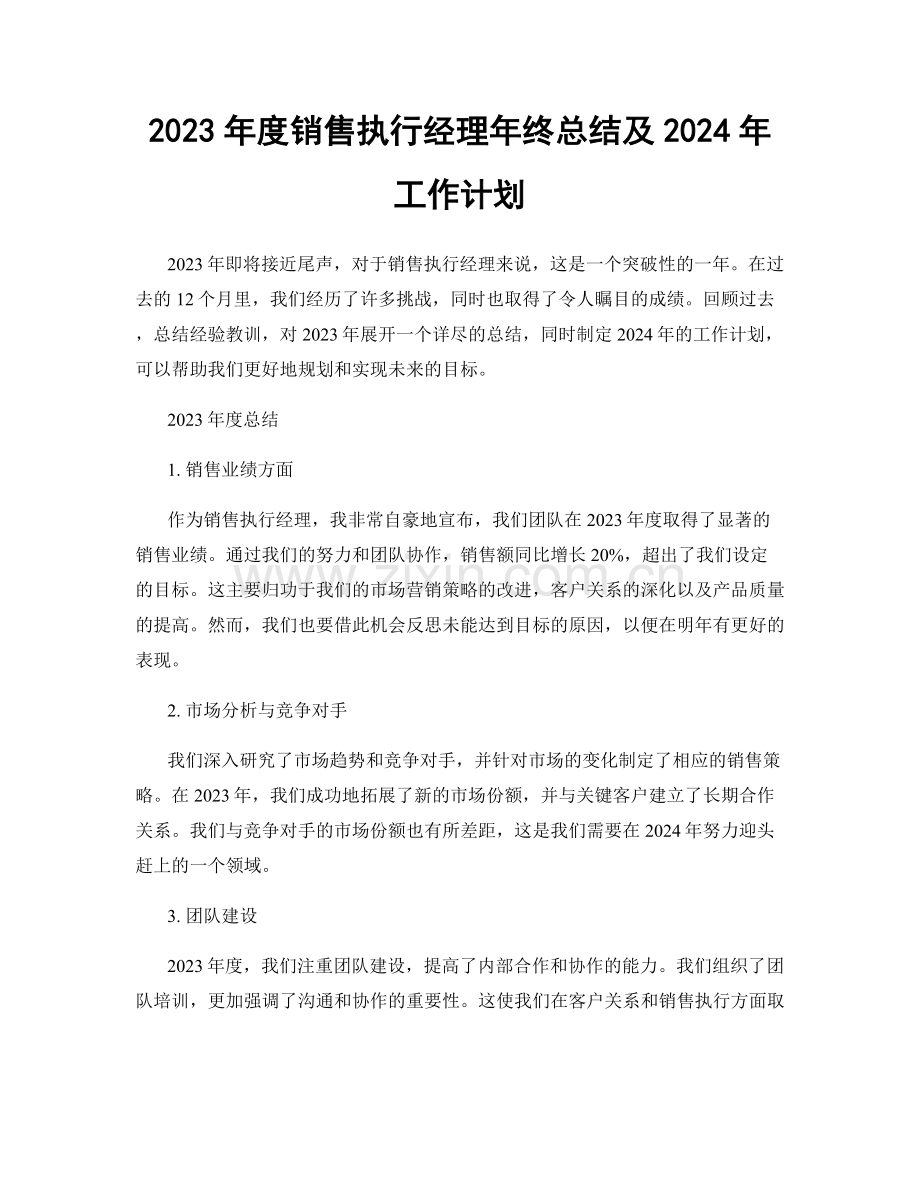 2023年度销售执行经理年终总结及2024年工作计划.docx_第1页