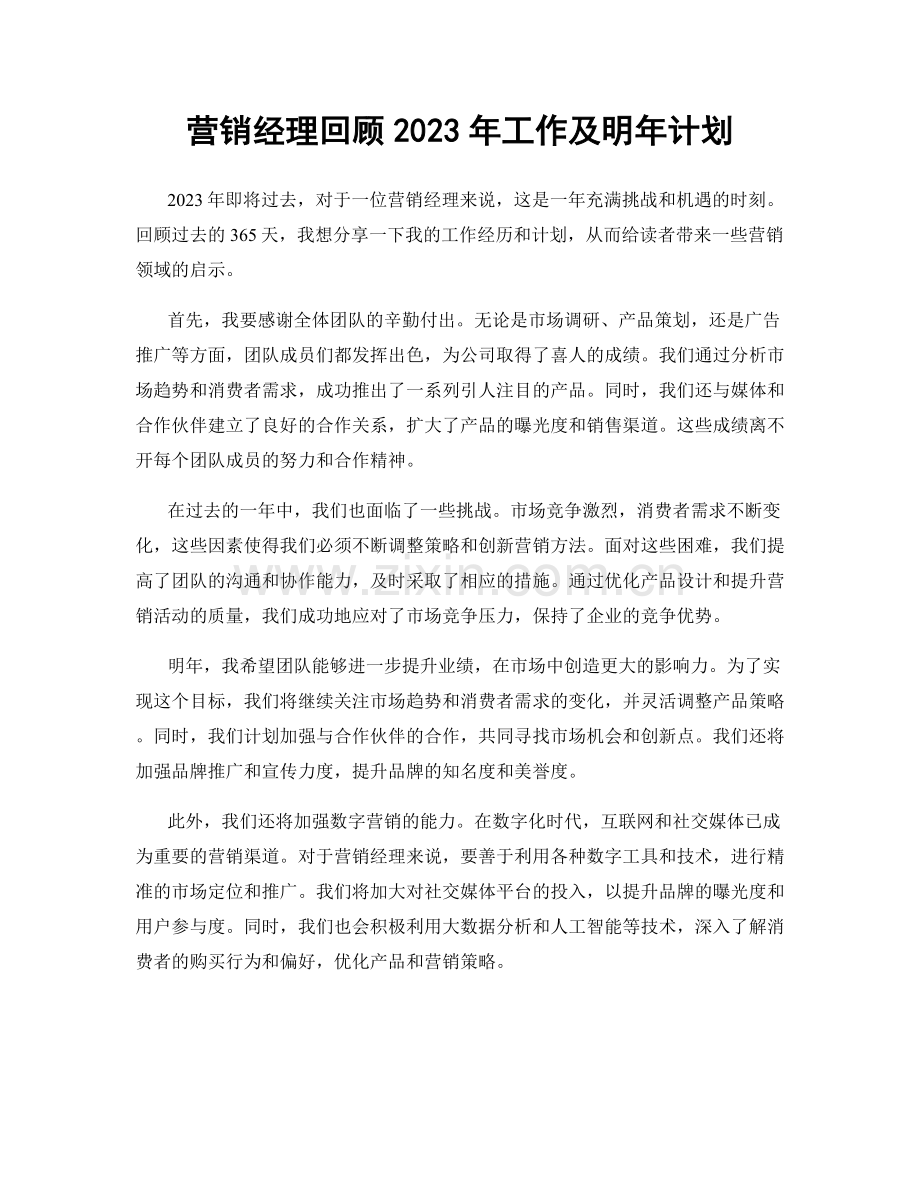 营销经理回顾2023年工作及明年计划.docx_第1页