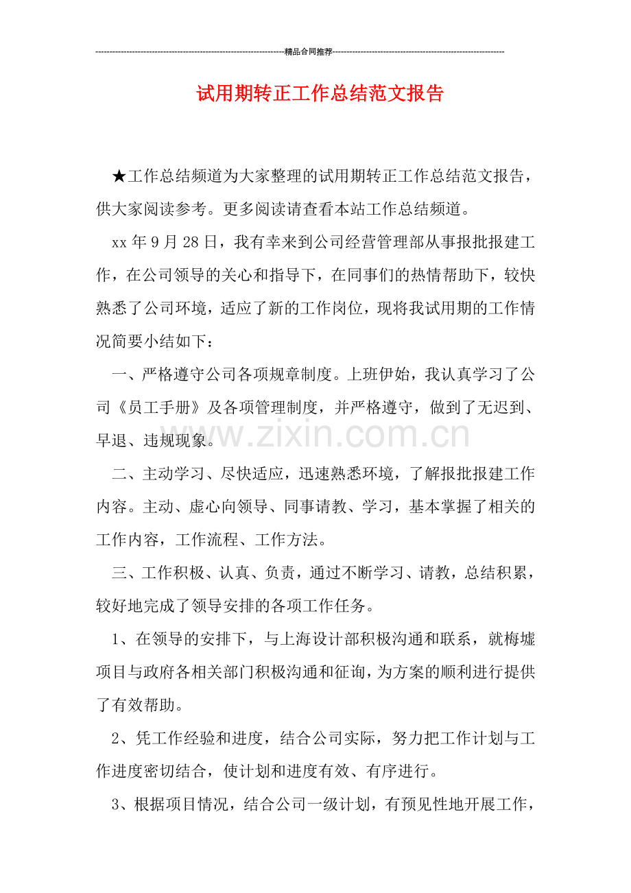 试用期转正工作总结范文报告.doc_第1页