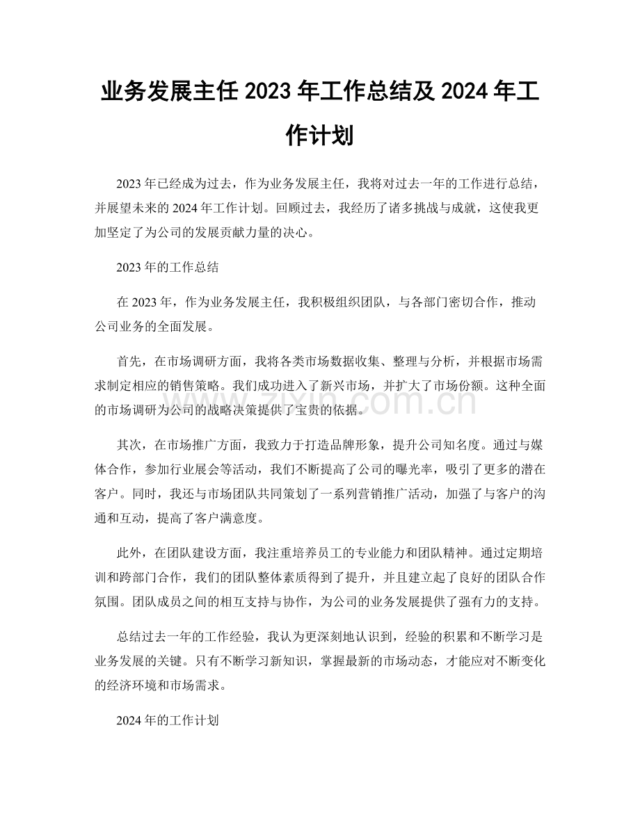 业务发展主任2023年工作总结及2024年工作计划.docx_第1页
