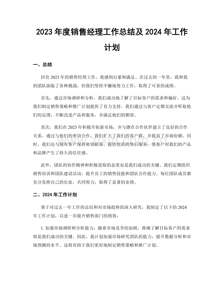 2023年度销售经理工作总结及2024年工作计划.docx_第1页