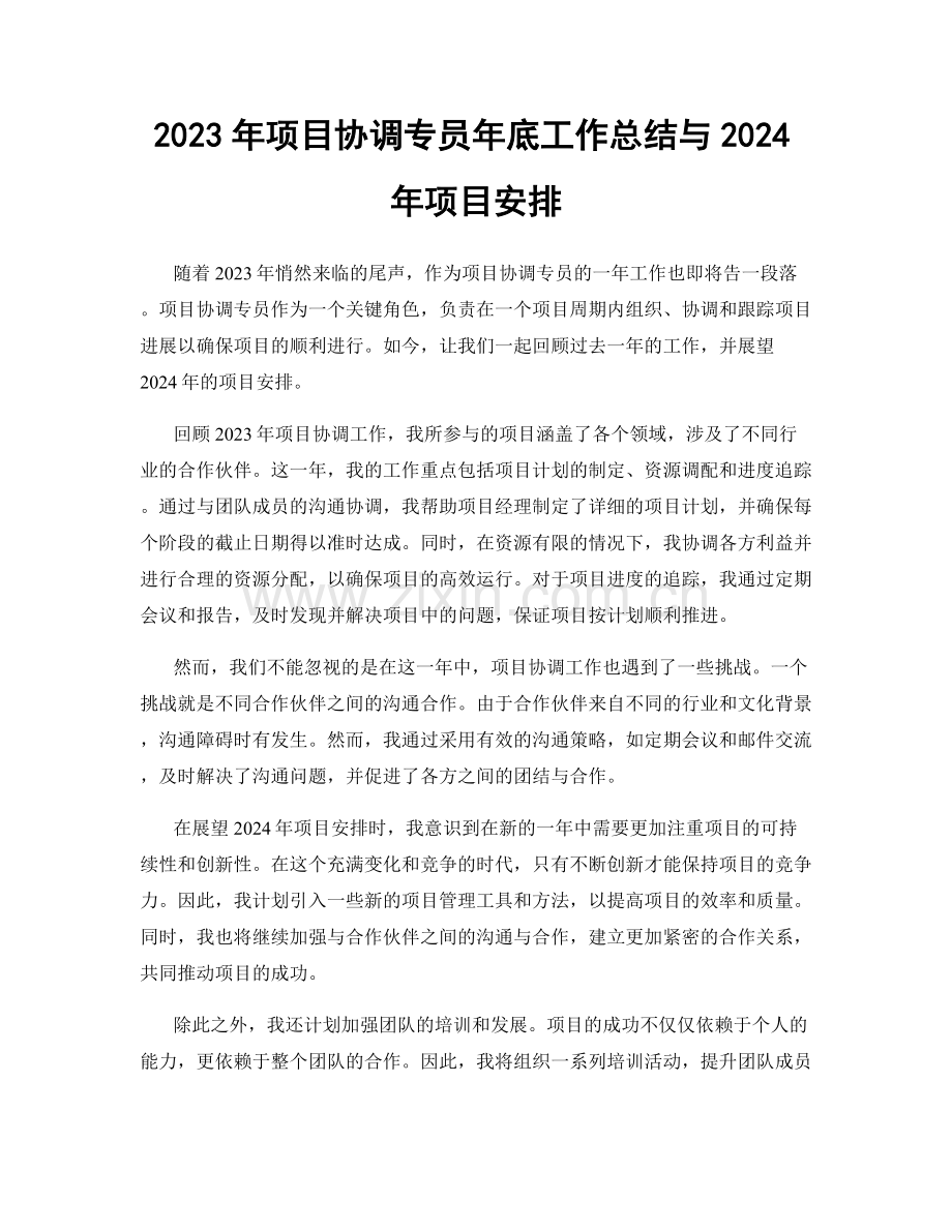 2023年项目协调专员年底工作总结与2024年项目安排.docx_第1页