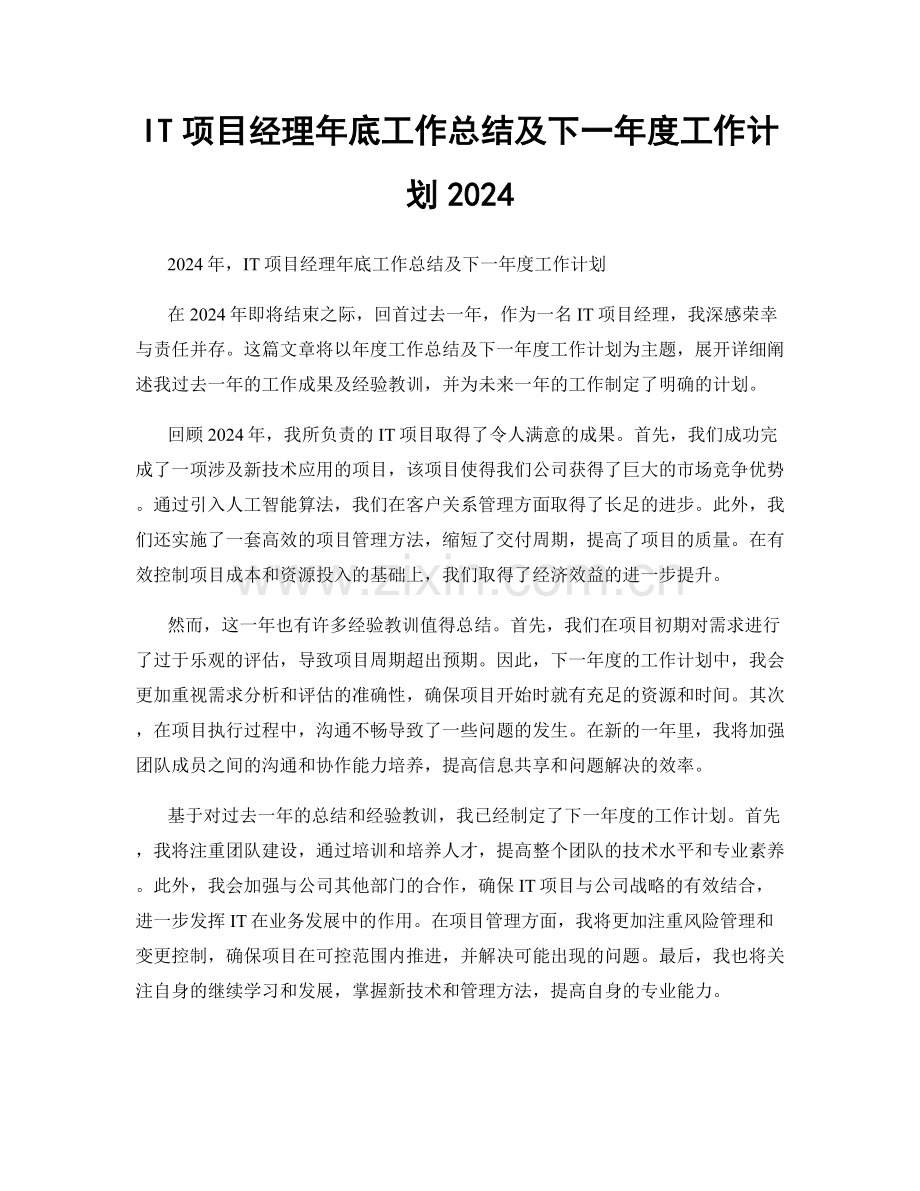 IT项目经理年底工作总结及下一年度工作计划2024.docx_第1页
