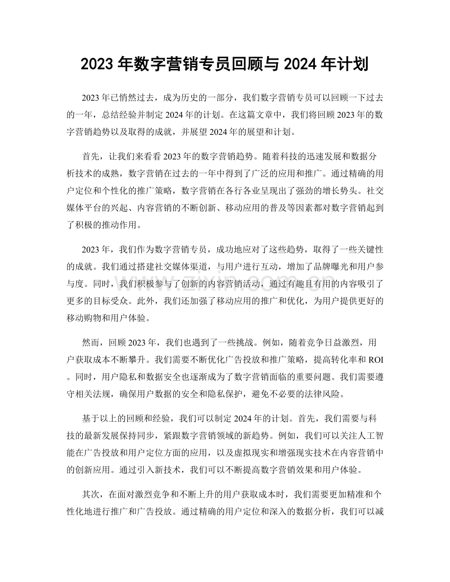 2023年数字营销专员回顾与2024年计划.docx_第1页