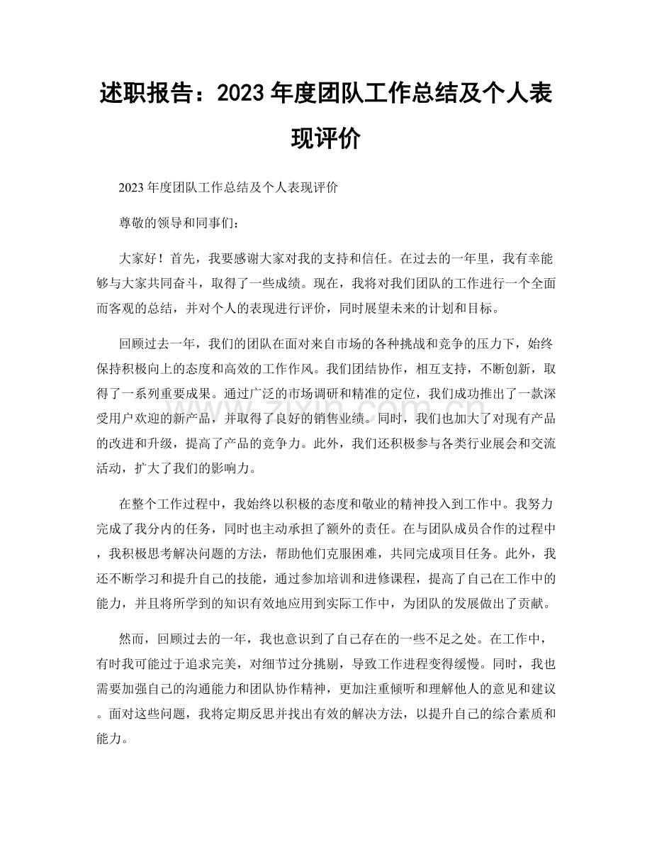 述职报告：2023年度团队工作总结及个人表现评价.docx_第1页