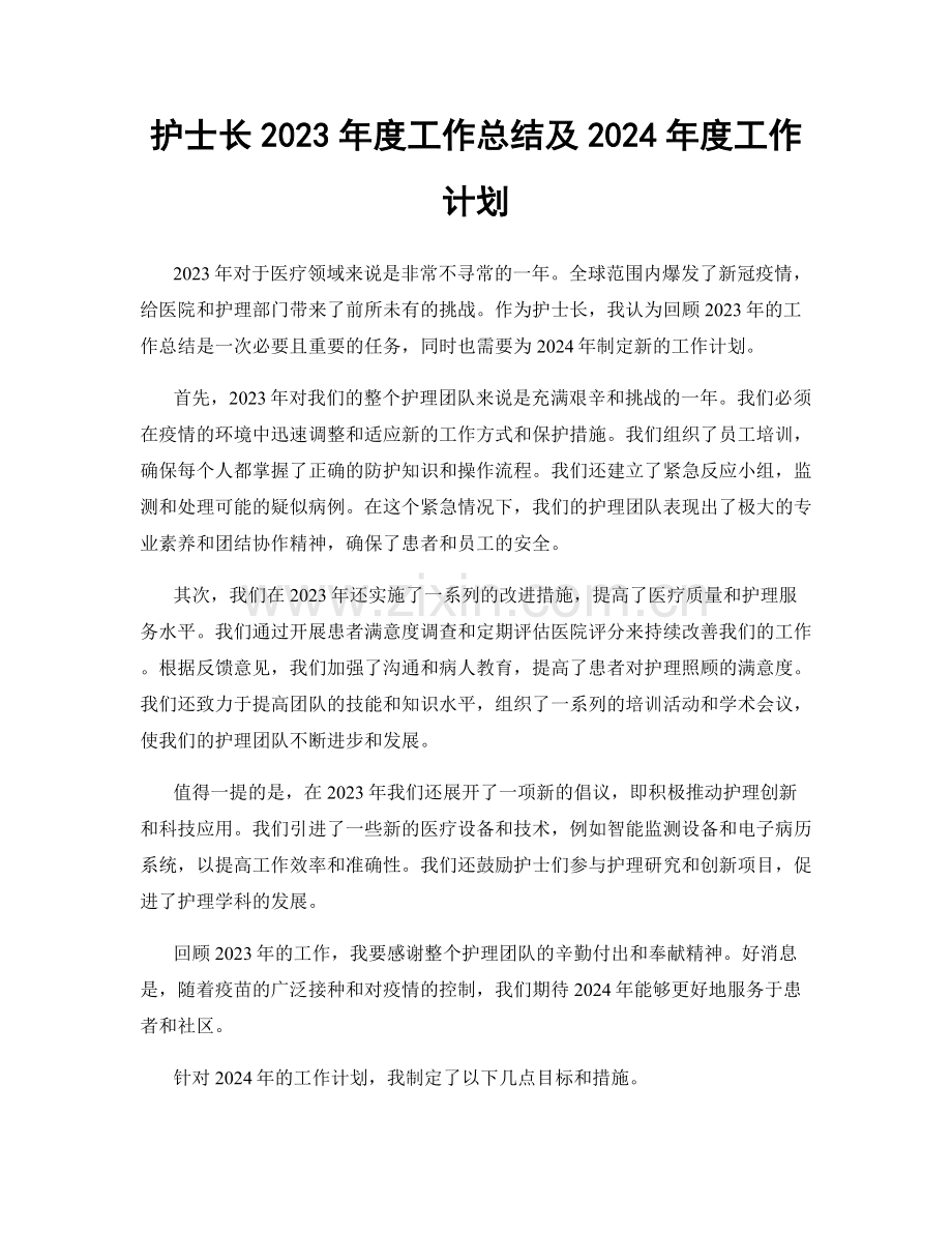 护士长2023年度工作总结及2024年度工作计划.docx_第1页