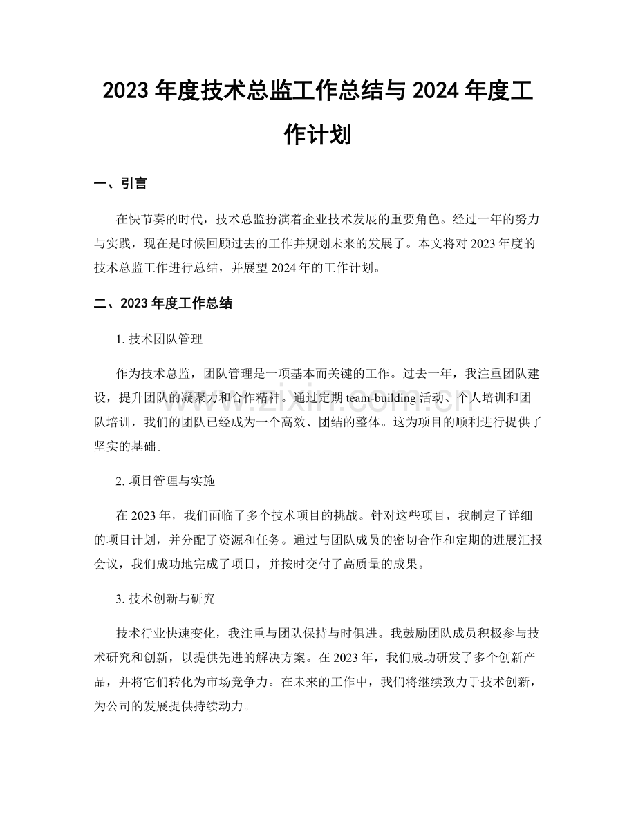 2023年度技术总监工作总结与2024年度工作计划.docx_第1页