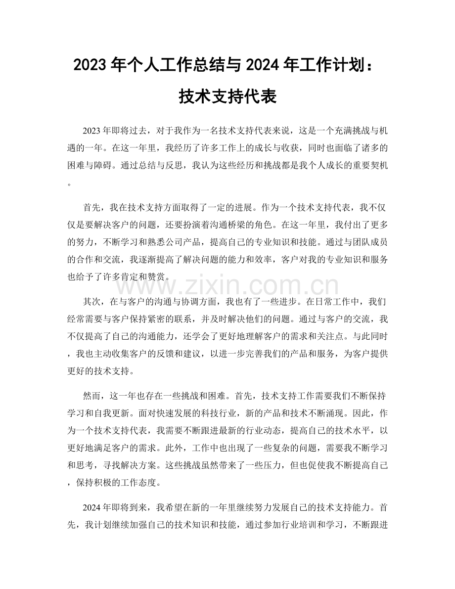 2023年个人工作总结与2024年工作计划：技术支持代表.docx_第1页