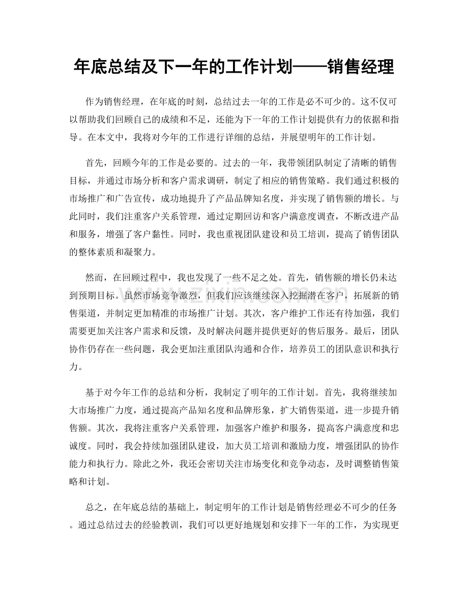 年底总结及下一年的工作计划——销售经理.docx_第1页
