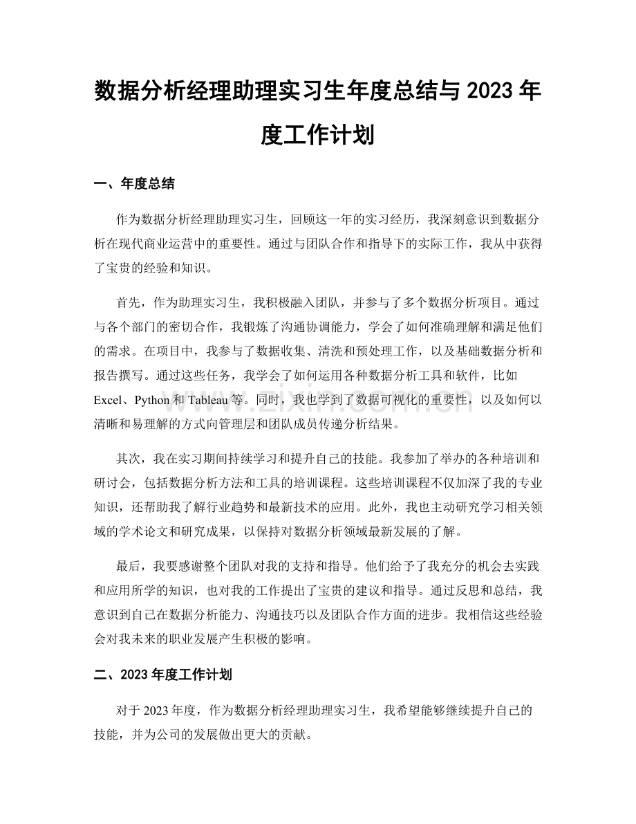 数据分析经理助理实习生年度总结与2023年度工作计划.docx_第1页