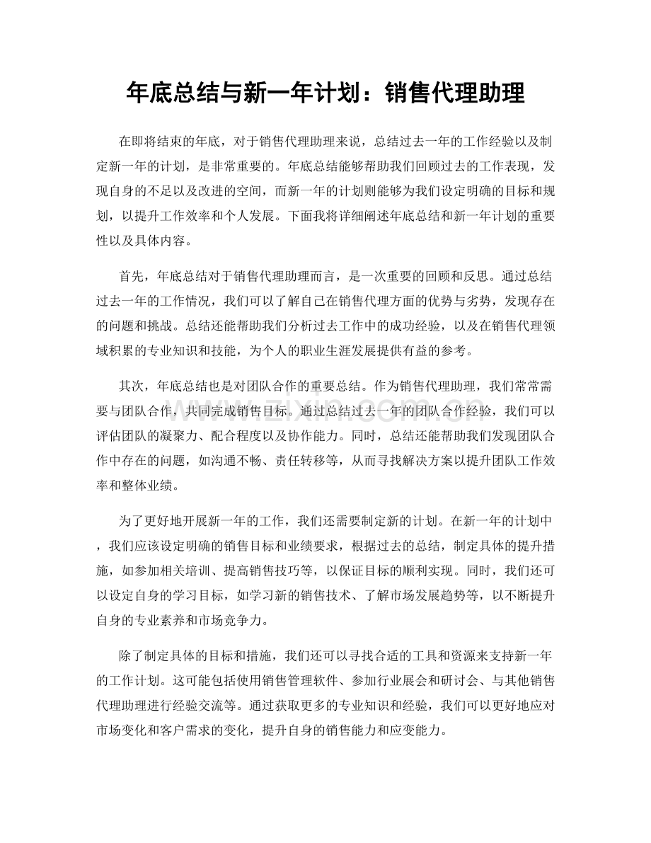 年底总结与新一年计划：销售代理助理.docx_第1页