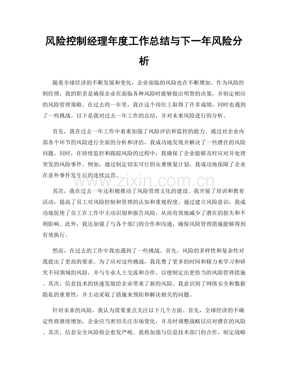 风险控制经理年度工作总结与下一年风险分析.docx_第1页