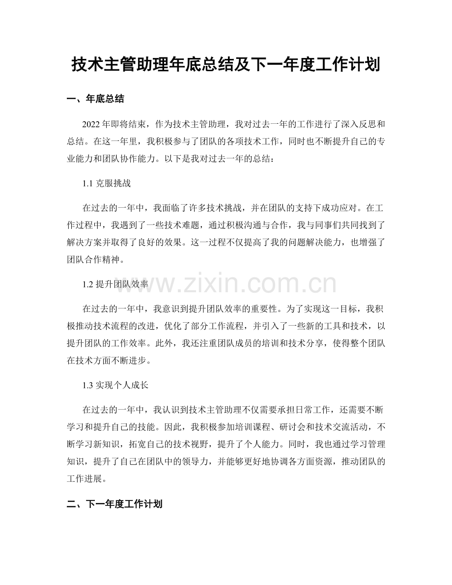 技术主管助理年底总结及下一年度工作计划.docx_第1页
