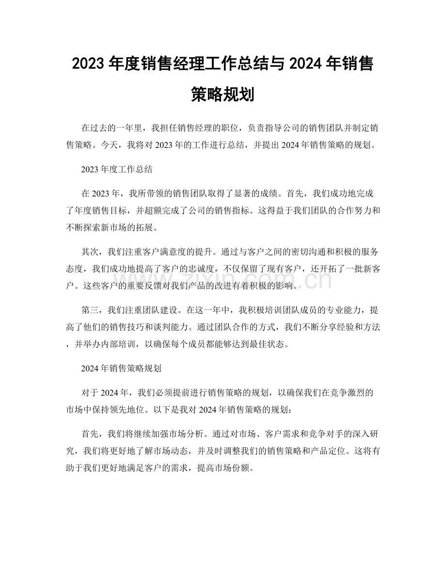 2023年度销售经理工作总结与2024年销售策略规划.docx_第1页