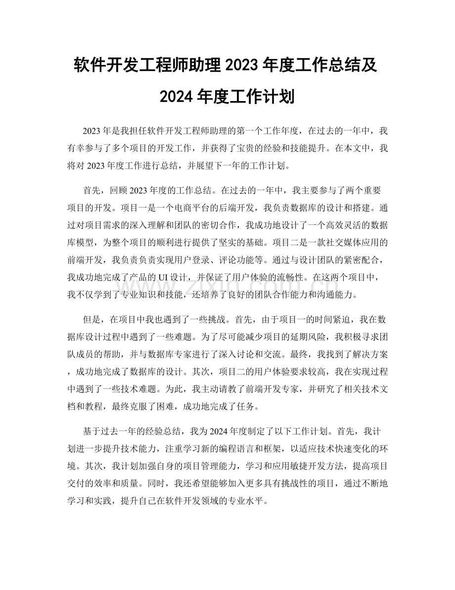 软件开发工程师助理2023年度工作总结及2024年度工作计划.docx_第1页