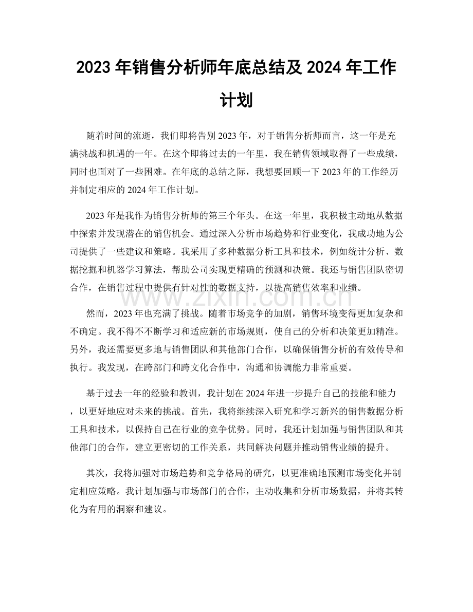 2023年销售分析师年底总结及2024年工作计划.docx_第1页