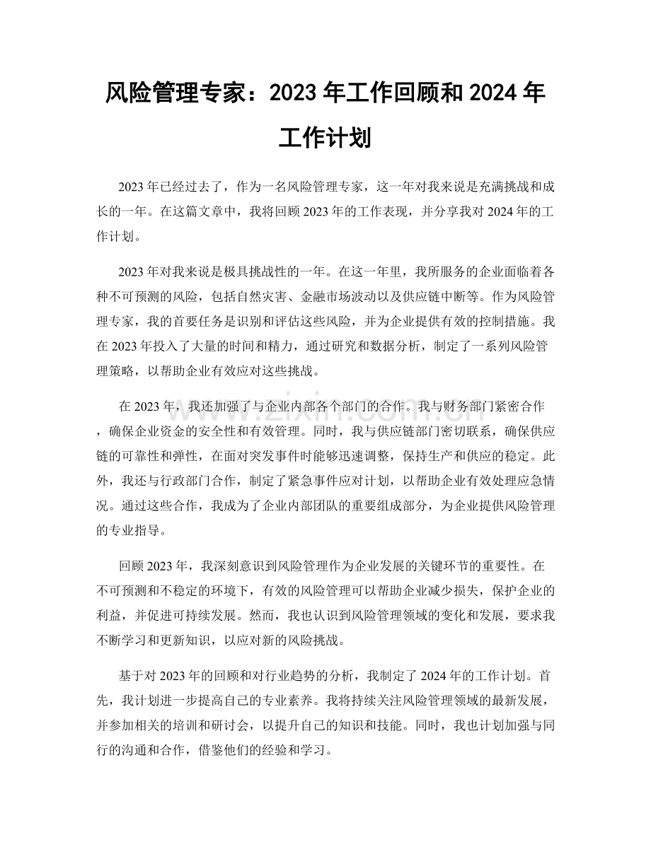 风险管理专家：2023年工作回顾和2024年工作计划.docx_第1页