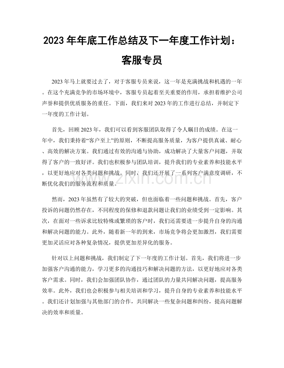 2023年年底工作总结及下一年度工作计划：客服专员.docx_第1页