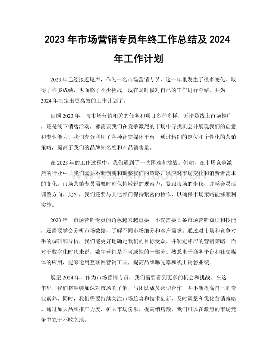2023年市场营销专员年终工作总结及2024年工作计划.docx_第1页