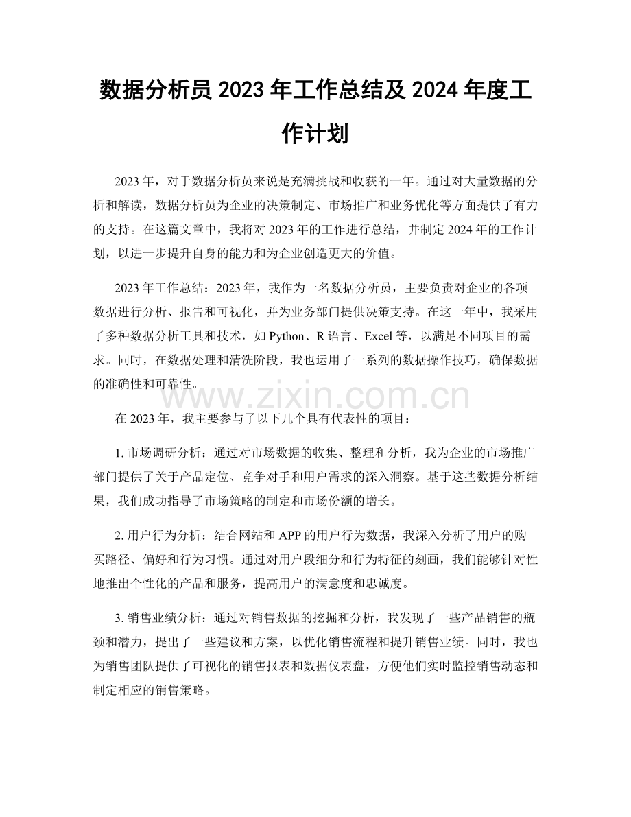 数据分析员2023年工作总结及2024年度工作计划.docx_第1页