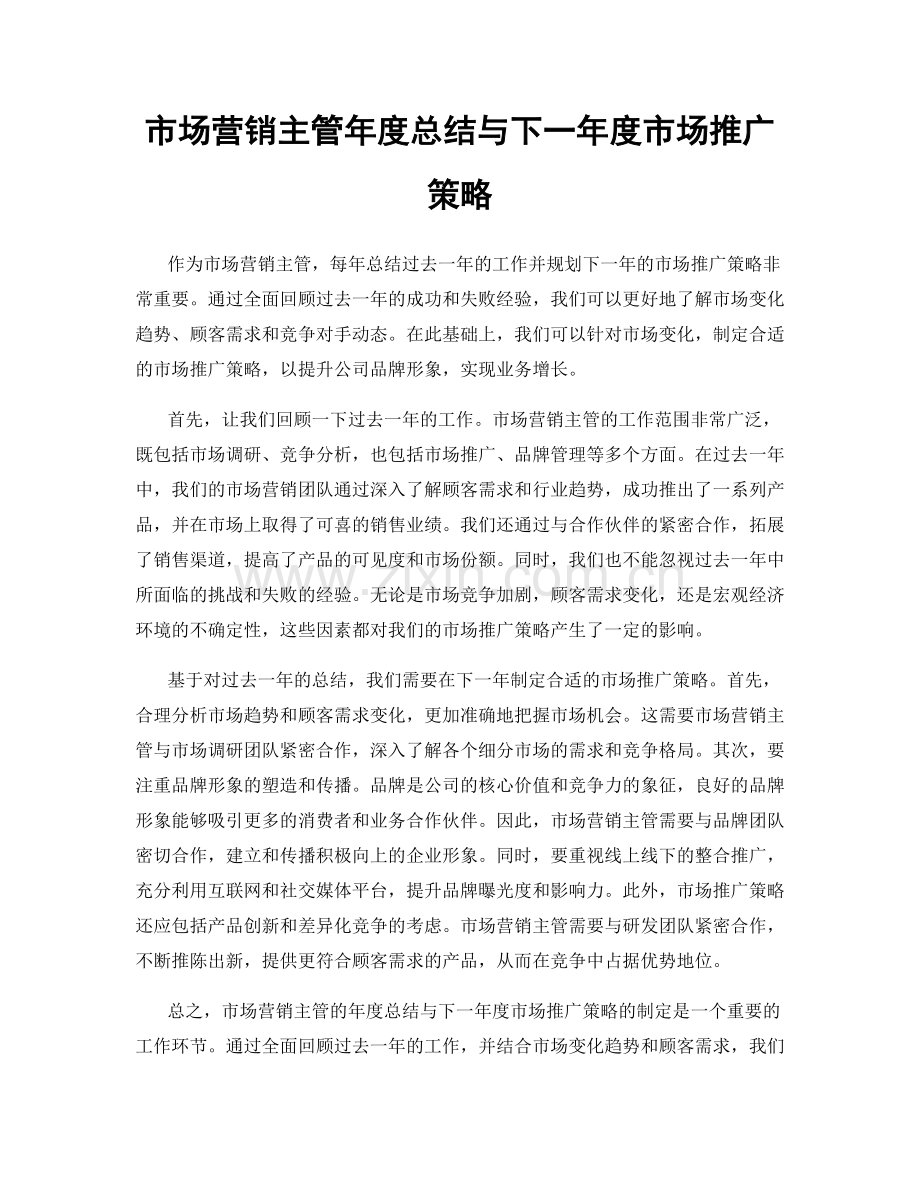 市场营销主管年度总结与下一年度市场推广策略.docx_第1页